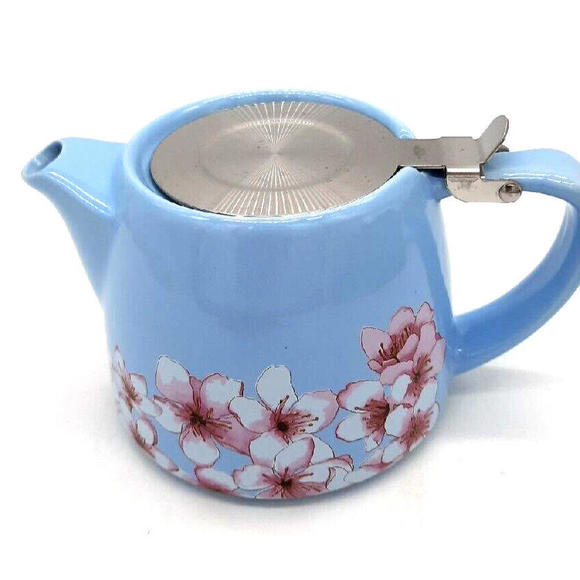 Alfred Blue Ceramic & Stainless Steel 20 Oz Pink Cherry Blossom Teapot & Infuser - Picture 1 of 8